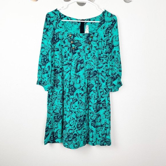 Maeve Teal Green Dress w/ Navy Florals & Buttons‎ - Picture 1 of 6